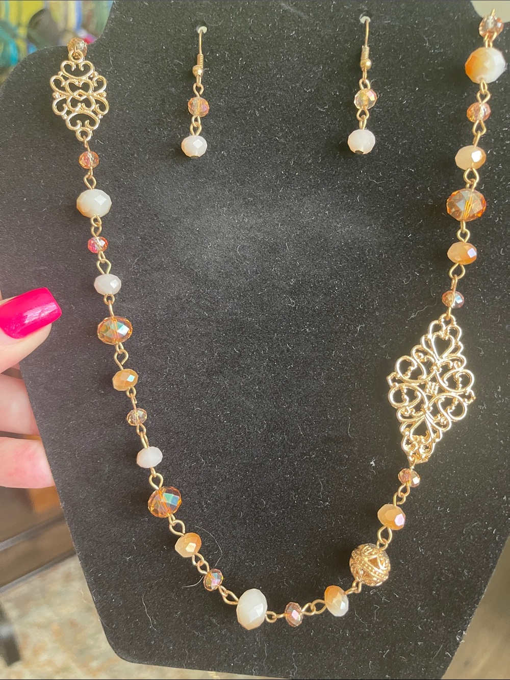 Gold Filigree Necklace with Iridescent and Cream Beads